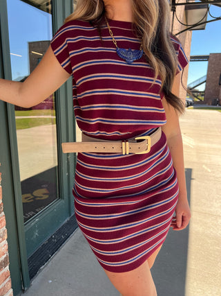 Sage The Label | Florian Striped Sweater Dress Wine Multi
