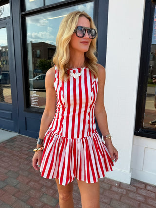 Katherine Drop Waist Mini Dress - Red/White