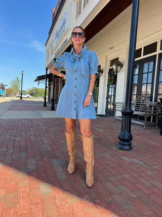 Entro | Brynn Bow Neck Tie Mini Dress Lt. Denim