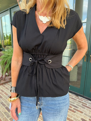 Grommet Tie Waist Blouse