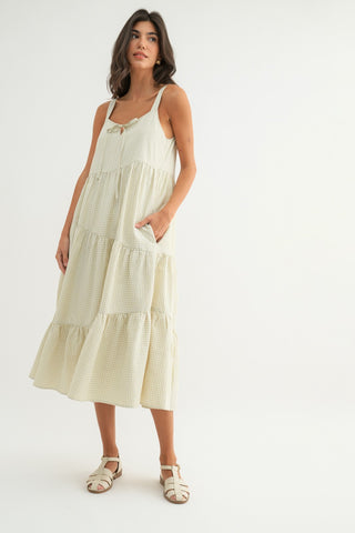 Xelina Plaid Asymmetrical Midi Dress Taupe/Cream