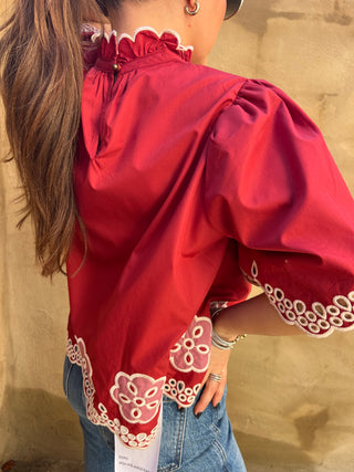 Entro | Elvyn Floral Embroidered Flutter Top Brick
