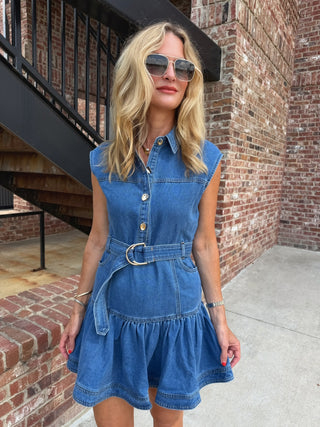 TCEC | Denim Belted Drop Waist Mini Dress
