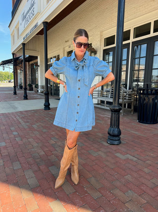 Entro | Brynn Bow Neck Tie Mini Dress Lt. Denim