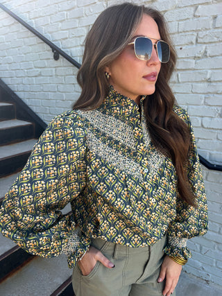 Entro | Floral Smocked Blouse H Green