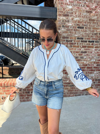TCEC | Daly Embroidered Puff Blouse White