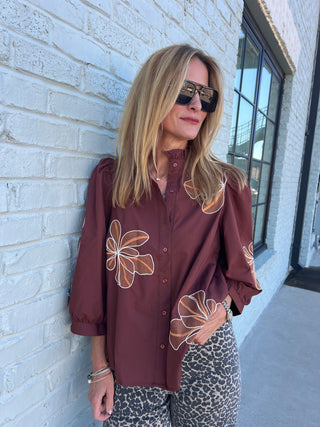 Entro | Arlo Embroidered Ruffle Blouse Chocolate