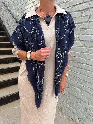 Woolen Bandana Print Scarf Navy