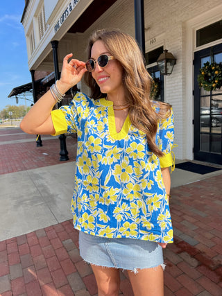 Entro | Thalina Floral Print V-Neck Top Blue