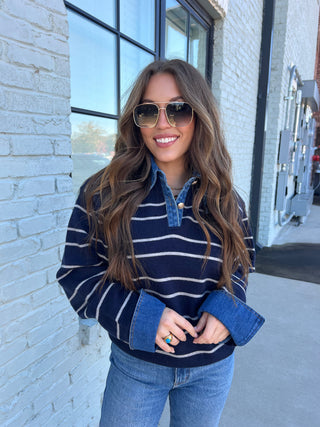 Olivaceous | Sofia Stripe Denim Top Navy Lt Grey