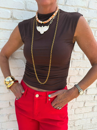 NEEDII | Mock Neck Ruched Knit Top