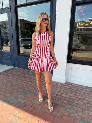 Katherine Drop Waist Mini Dress - Red/White