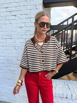 Natalia Stripe Knit Top Brown Ivory