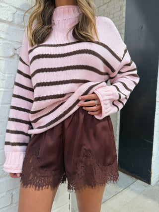 LE LIS | Sailor Lace Trim Shorts | Chocolate