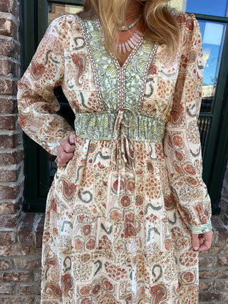 &Merci | Juliette Mixed Paisley Midi Dress Olive Brick Multi