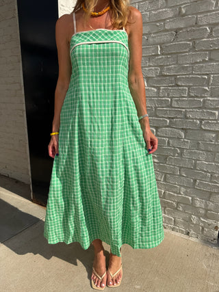 Entro | Green Gingham Midi Dress in Kelly Green