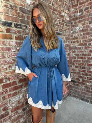 LALAVON | Floral Lace Trim Denim Mini Dress with Pockets