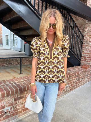 Entro | Morgan Abstract Floral Puff Top Brown
