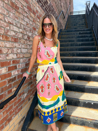 Adelyn Rae | Kylie Square Neck Smocked Back Printed Top Yellow Blue