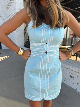 Josie Stitch Mini Dress - Powder Blue/White