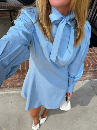 ADELYN RAE | Maya Bow Neck Tie Denim Dress
