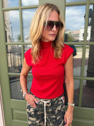Jocelyn Mock Neck Cap Sleeve Knit Top Cherry Red