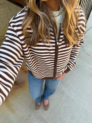 Sarah Striped Zip Up Hoodie Brown Combo