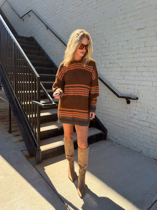 Caroline Striped Sweater Dress Brown Multi