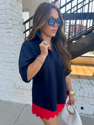 Adrienne | Stand Collar Drop Shoulder Top Navy