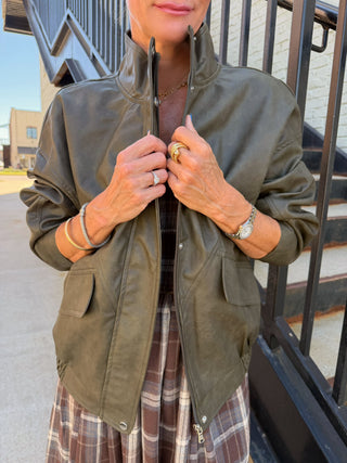 Kari Leather Oversized Jacket Deep Olive