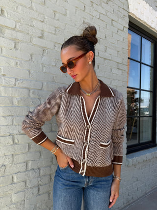 Reina Herringbone Cardigan Brown