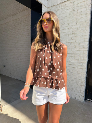 Entro | Polka Dot Ruffle Blouse in Cocoa with Ivory Dots