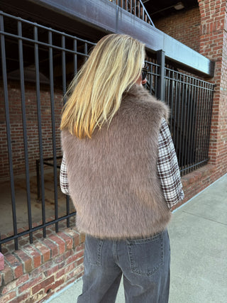 Olivaceous Maya Faux Fur Zip Up Vest Brown