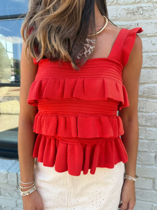 CAMELLIA | Tiered Ruffle Knit Tank - Tomato Red