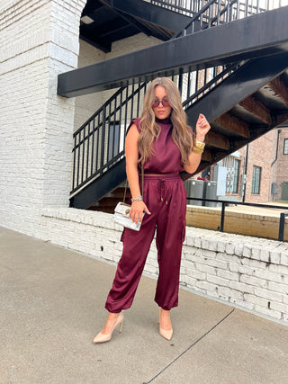 City Lights Satin Mock Neck Top Wine