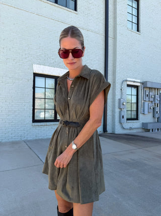 Kendall Belted Suede Button Down Dress Olive