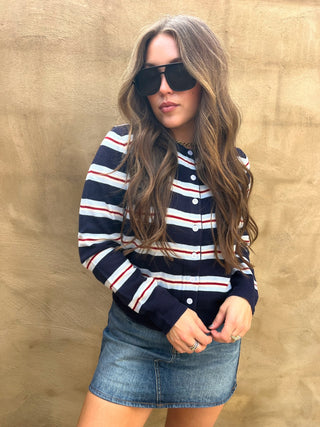 Dress Forum | Elvira Skyline Striped Button Cardigan Navy/Red Combo
