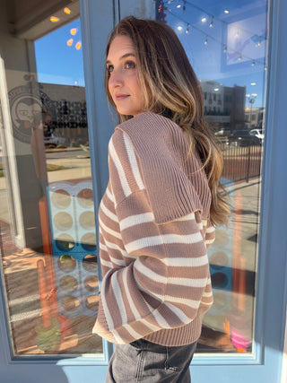 Striped Sailor Collar Sweater Dark Taupe/Cream [Door Buster]