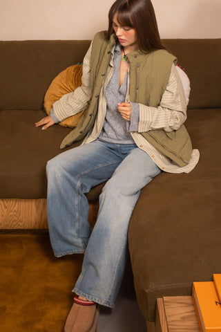 Dreya Ribbon Tie Puffer Vest Sand Olive [Door Buster]