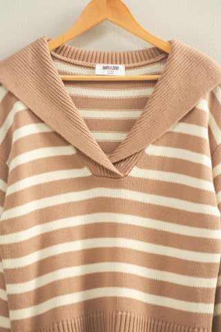 Striped Sailor Collar Sweater Dark Taupe/Cream [Door Buster]