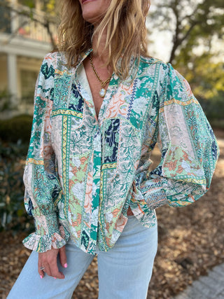 FATE | Bella Printed Ruffle Neck Blouse Green Multi