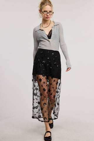 Mimosa | Caliee Floral Sequin Midi Skirt Black