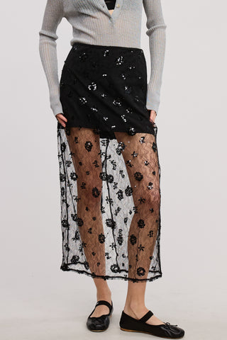 Mimosa | Caliee Floral Sequin Midi Skirt Black