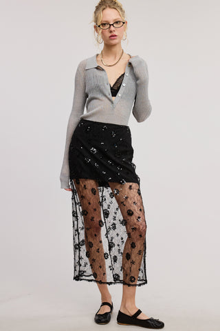 Mimosa | Caliee Floral Sequin Midi Skirt Black