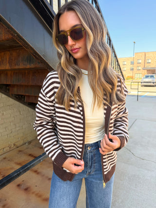 Sarah Striped Zip Up Hoodie Brown Combo