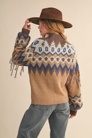 &Merci | Zara Fair Isle Fringe Sweater Taupe Navy