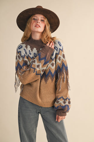 &Merci | Zara Fair Isle Fringe Sweater Taupe Navy