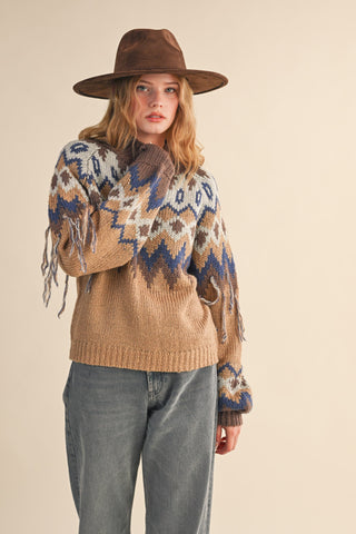 &Merci | Zara Fair Isle Fringe Sweater Taupe Navy