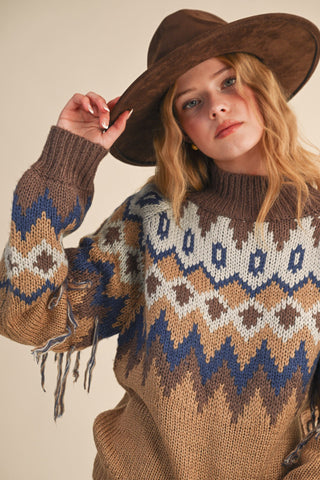 &Merci | Zara Fair Isle Fringe Sweater Taupe Navy