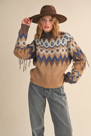 &Merci | Zara Fair Isle Fringe Sweater Taupe Navy